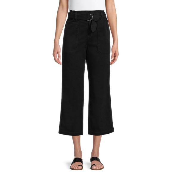 New Women's 14 Black Pant High Rise, Paperbag, Belt, Crop, Boyfriend Fit - Picture 3 of 6